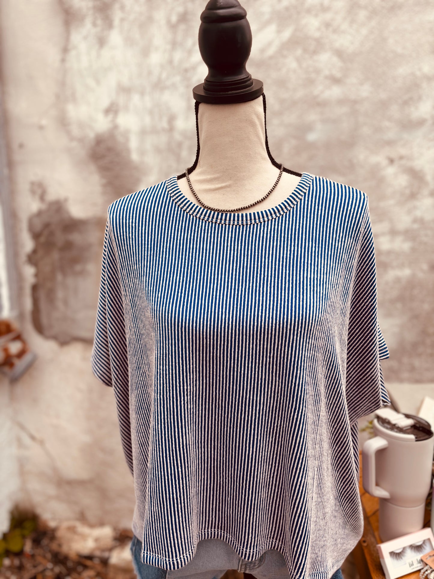 Ribbed Striped Oversized Short Sleeve Top