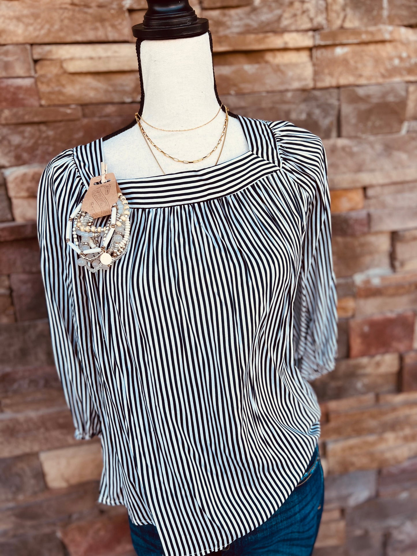 Woven Striped Square Neck Top
