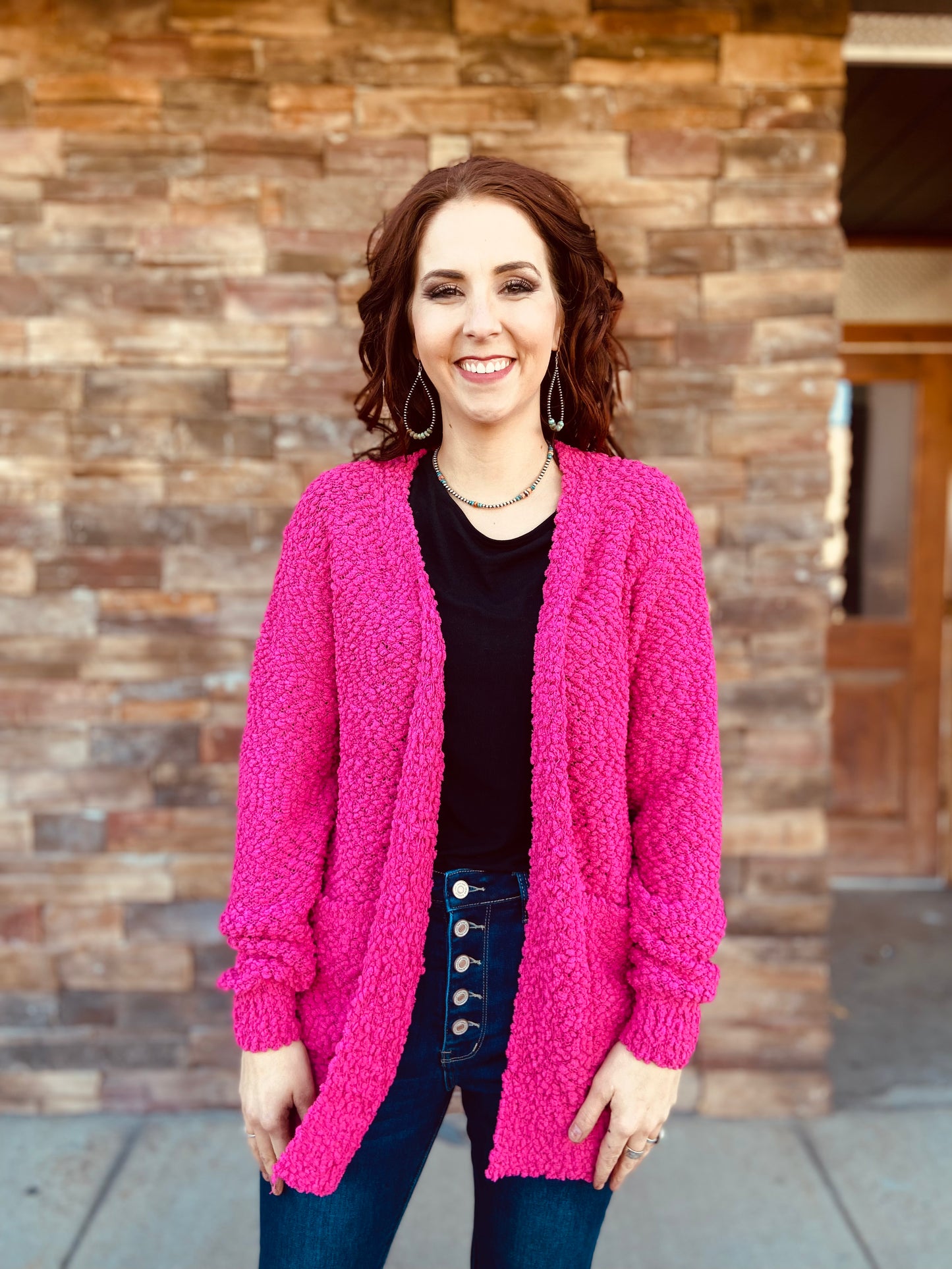 Long Sleeve Popcorn Sweater Cardigan With Pockets