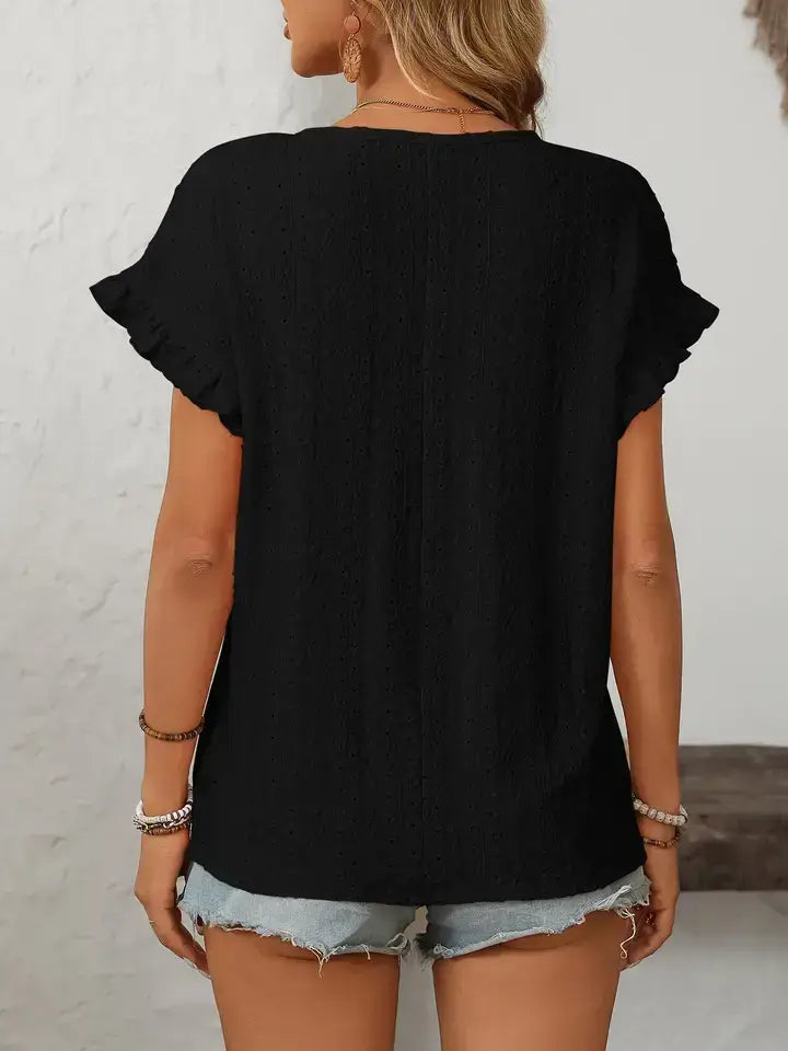 Hollow-Out Crewneck Short Sleeve Solid Color Top