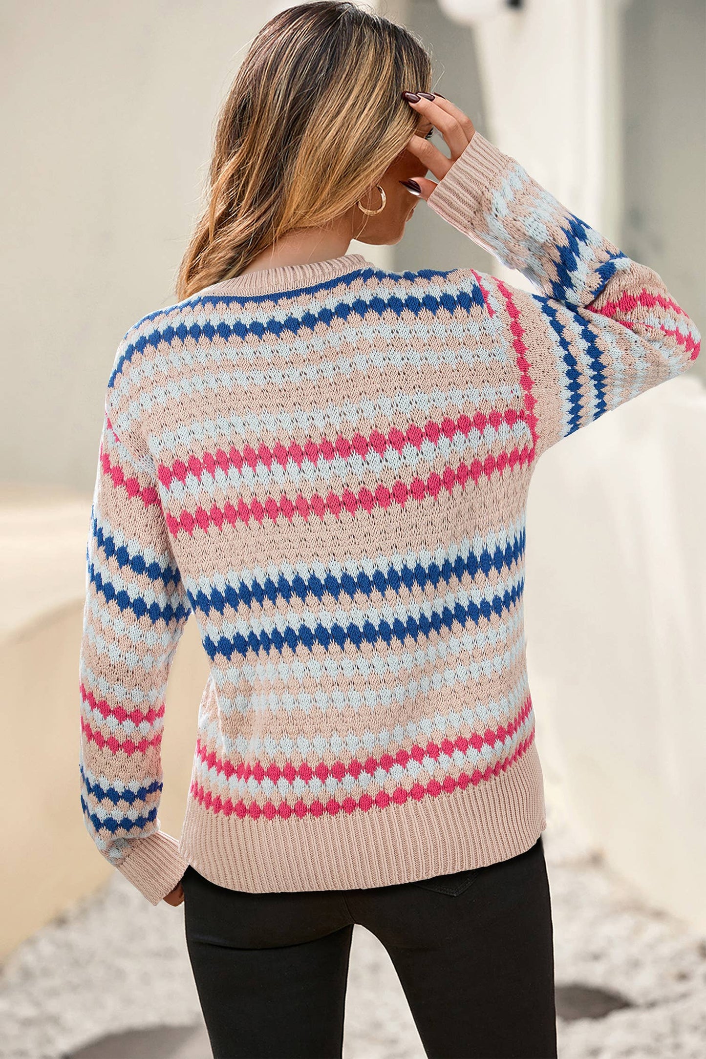 LDC Stripe Eyelet Patterned Drop Shoulder Sweater