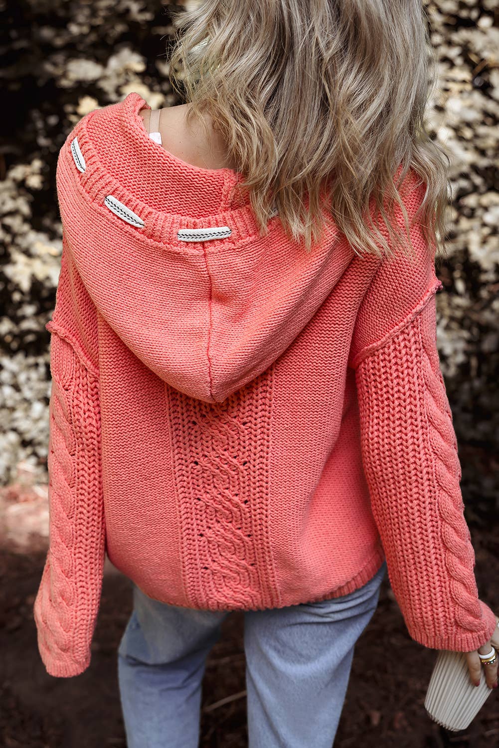 Cable Knit V Neck Hooded Pullover Sweater for Women
