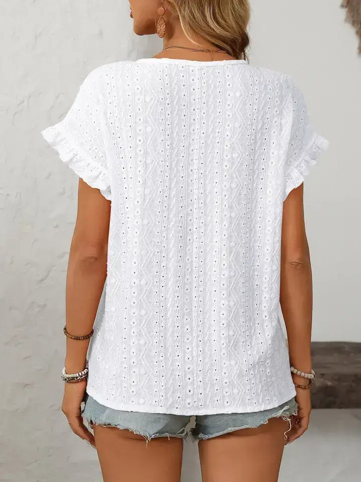Hollow-Out Crewneck Short Sleeve Solid Color Top