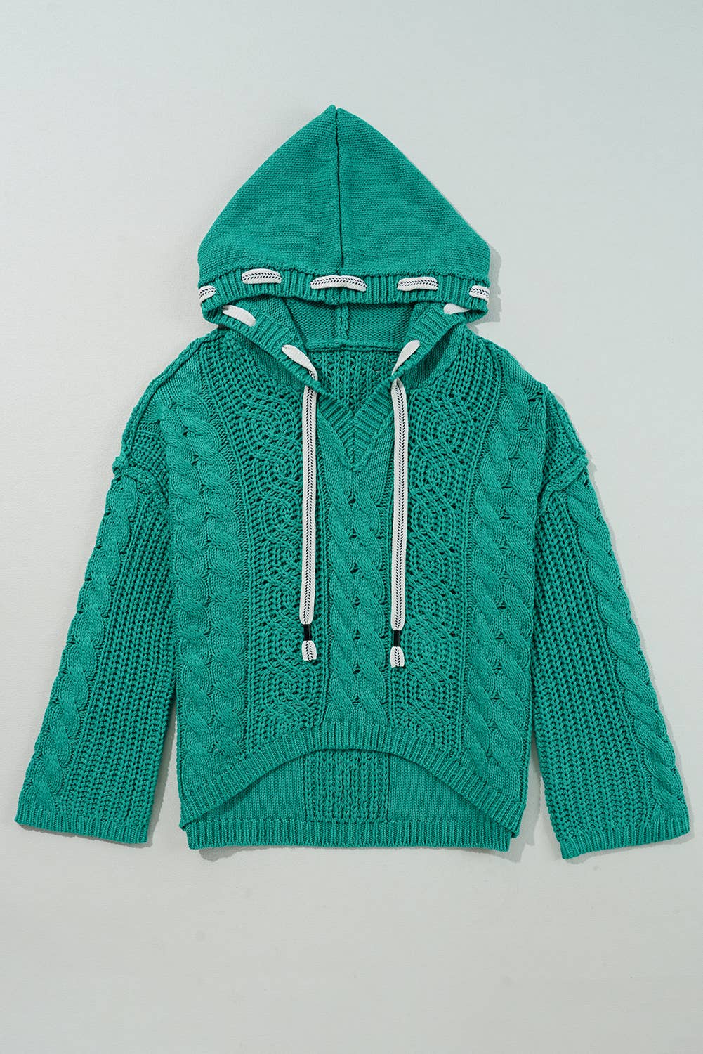 Cable Knit V Neck Hooded Pullover Sweater for Women