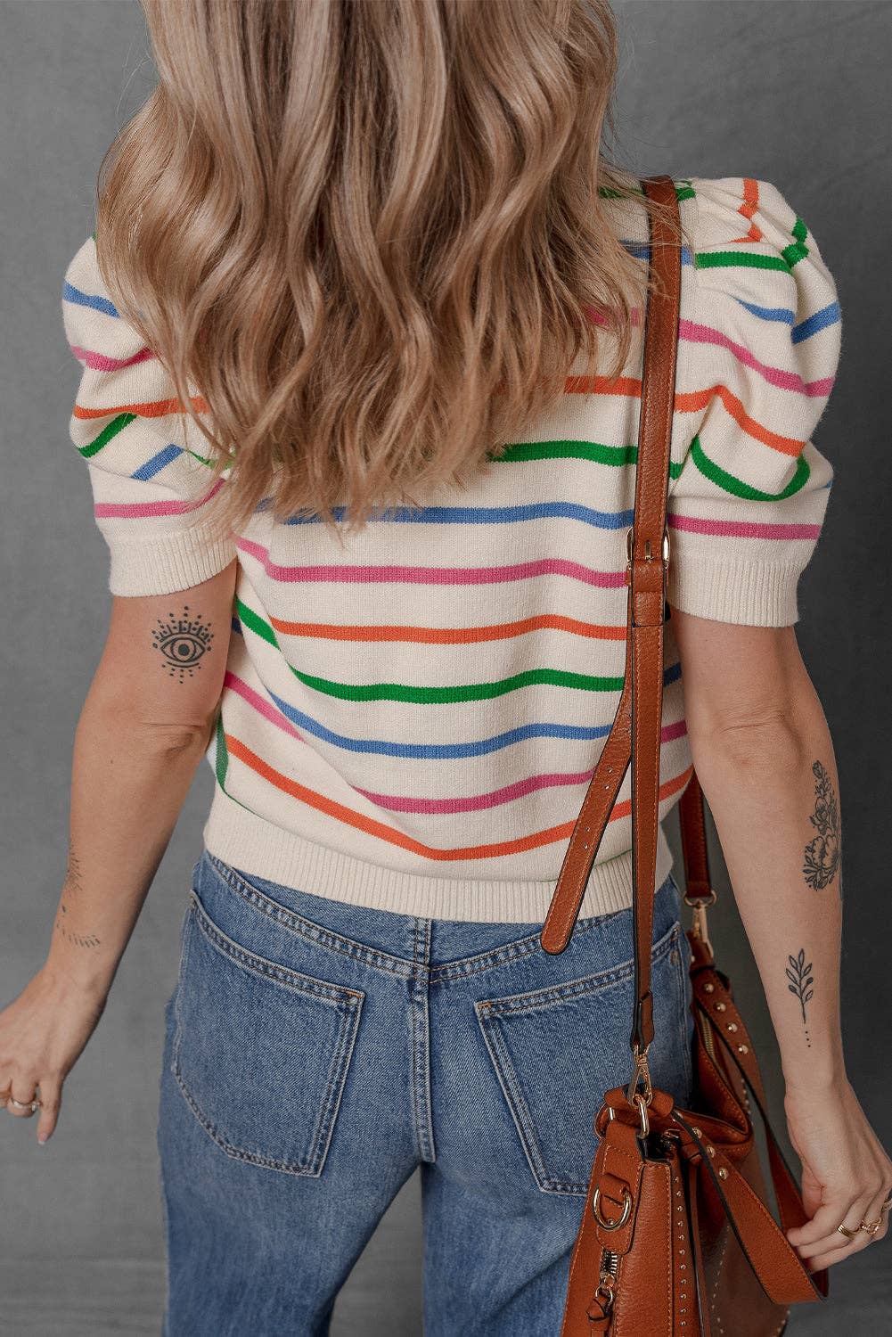 Rainbow Colorblock Bubble Sleeve Round Neck Sweater