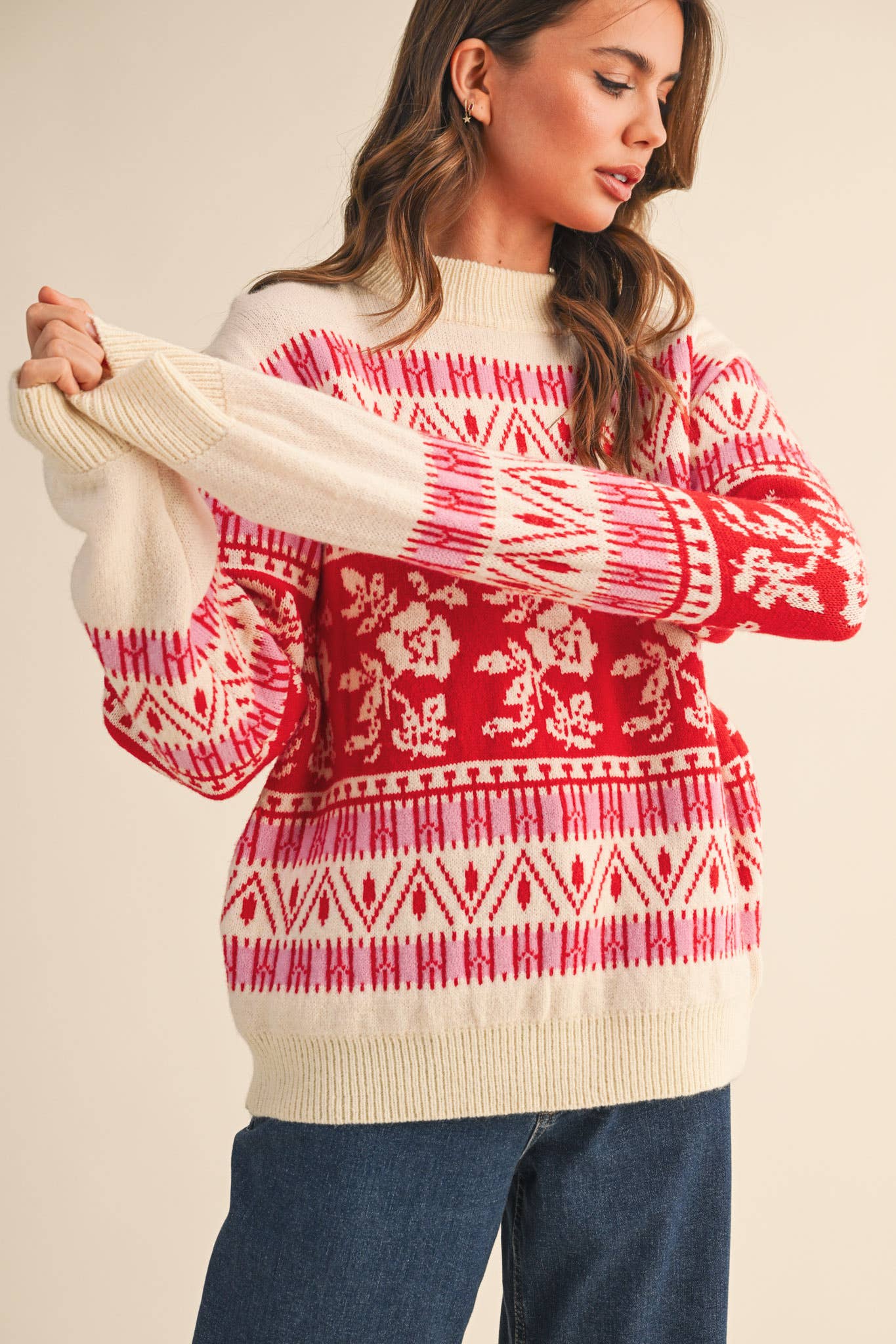 FLORAL KNIT ROUND NECK SWEATER MSW10960