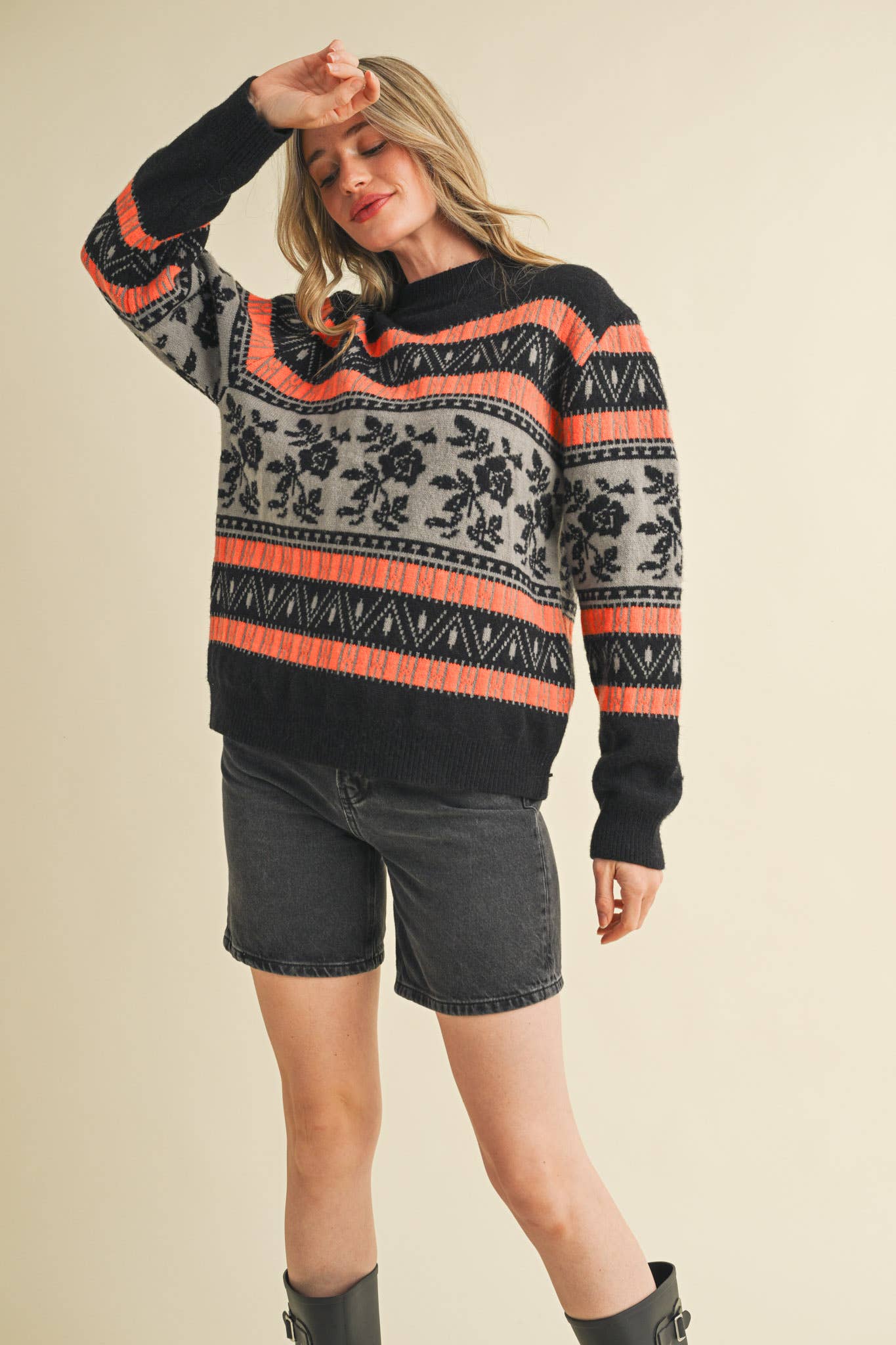 FLORAL KNIT ROUND NECK SWEATER MSW10960