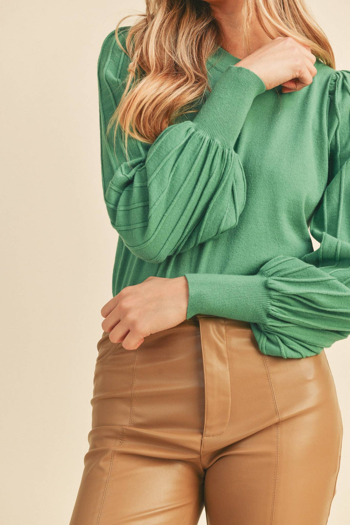 STRIPE TEXTURE PUFF SLEEVE SWEATER MSW9485