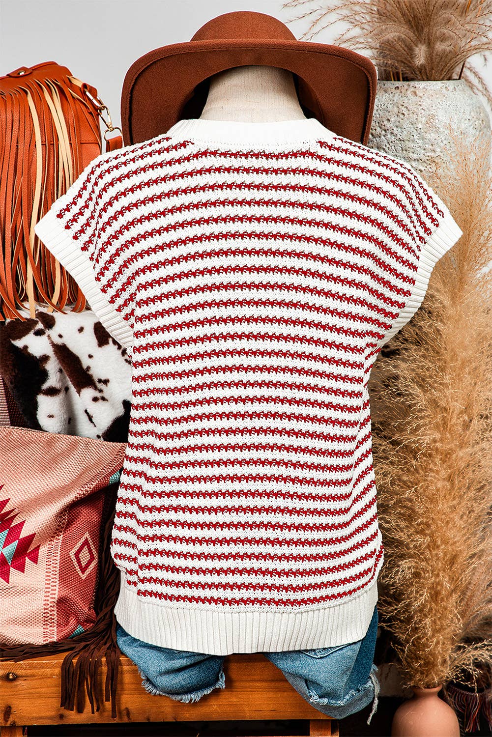 Fashion-W Stripe Ribbed Trim Loose Fit Knitted Sweater Vest