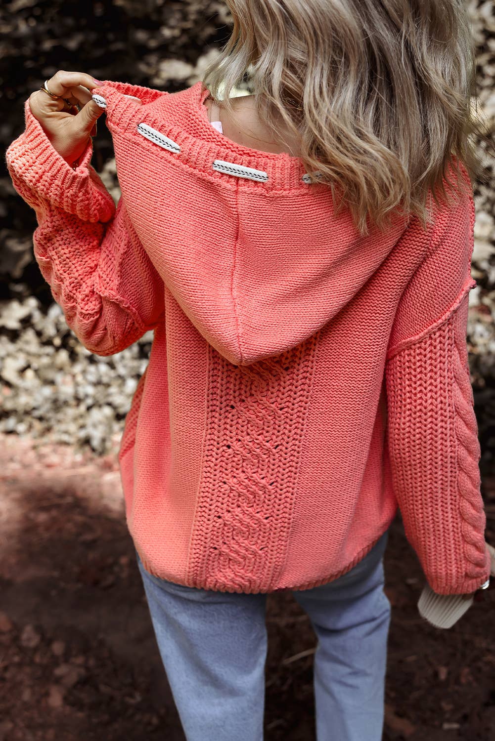 Cable Knit V Neck Hooded Pullover Sweater for Women
