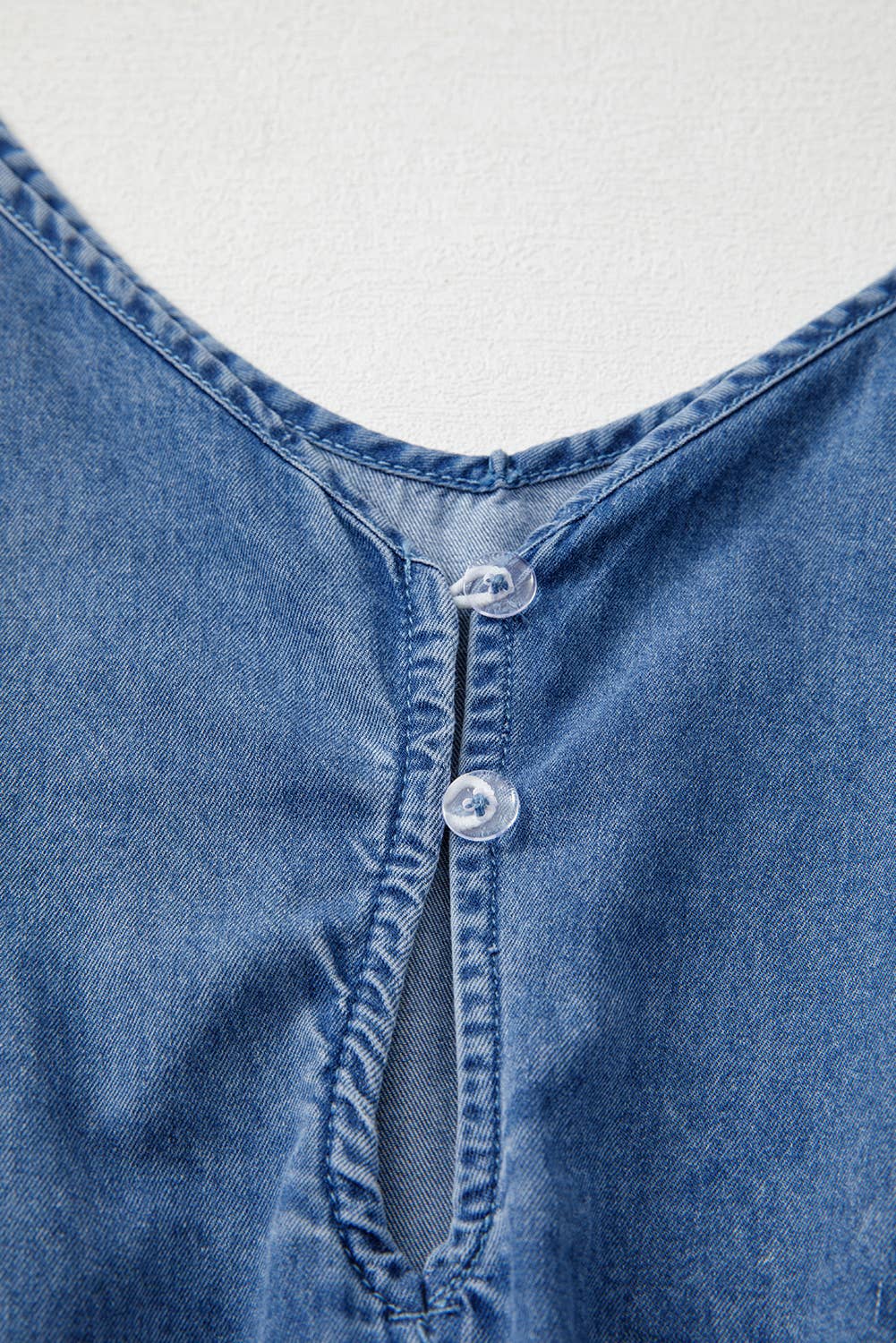 LDC Spaghetti Straps Belted Ruffled Leg Chambray Romper