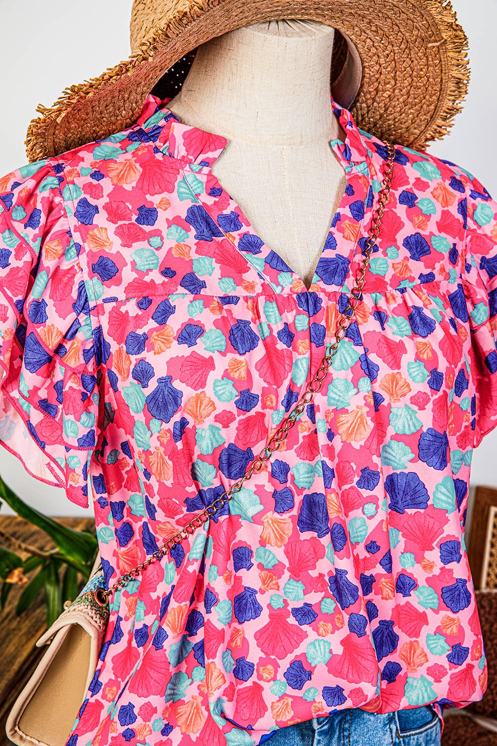 Fashion-W Abstract Print Ruffled Sleeve V Neck Blouse
