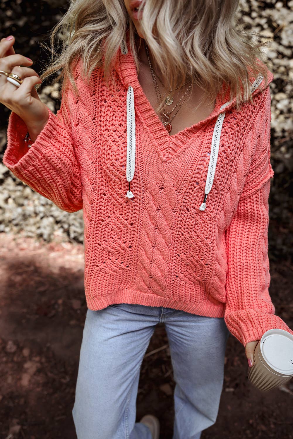 Cable Knit V Neck Hooded Pullover Sweater for Women