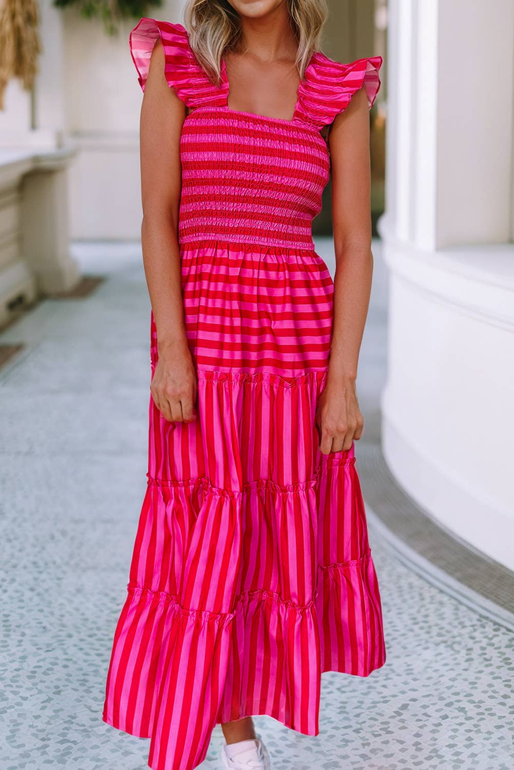 LDC Stripe Wide Strap Smocked Bodice Tiered Maxi Dress