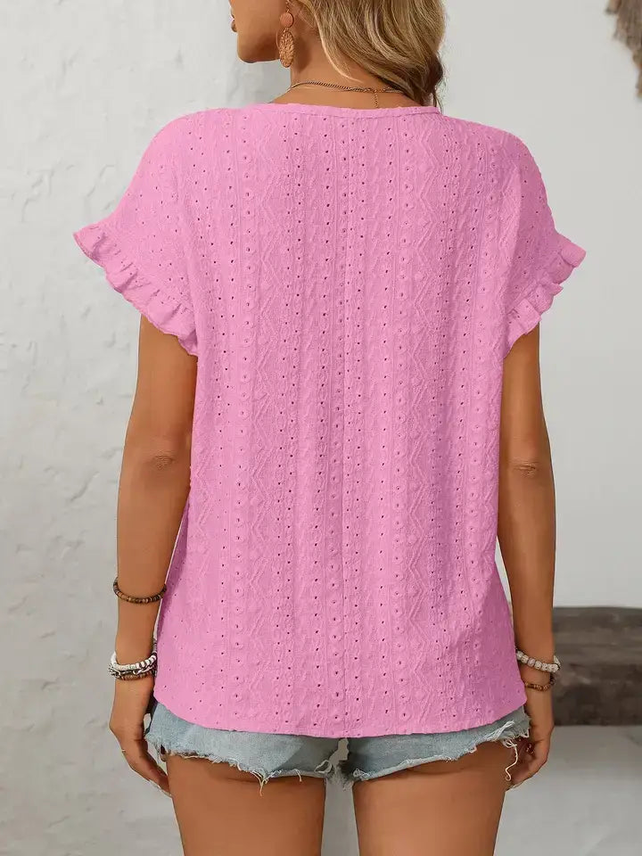 Hollow-Out Crewneck Short Sleeve Solid Color Top