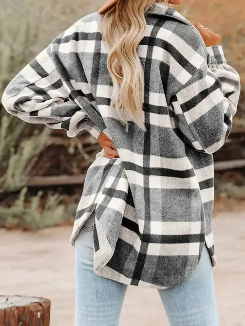 Navy Blue Plaid Button Flannel Shirt Jacket