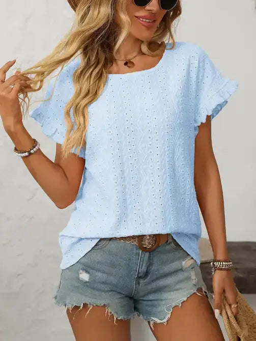 Hollow-Out Crewneck Short Sleeve Solid Color Top