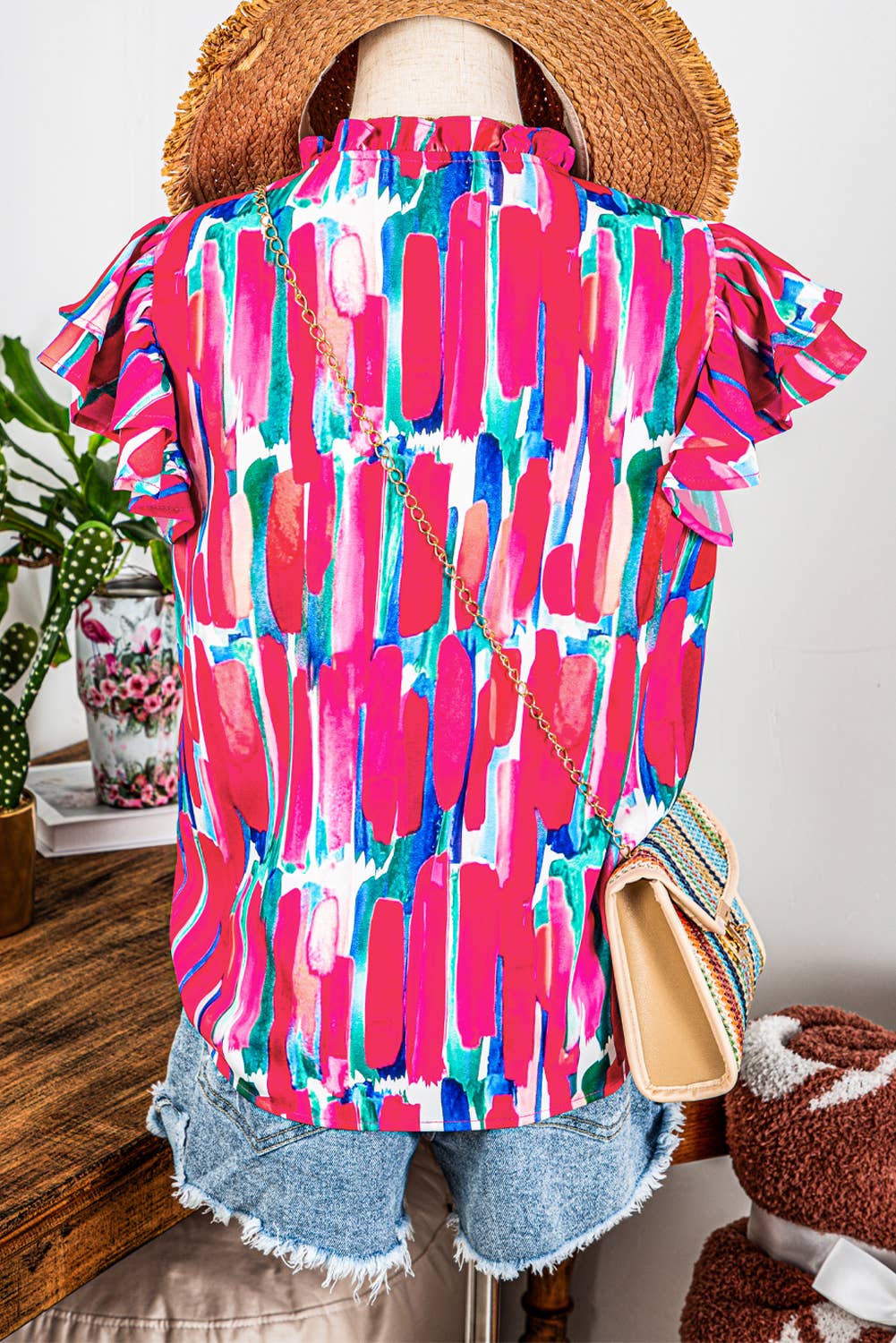 Fashion-W Abstract Print Ruffled Sleeve Frill V Neck Blouse