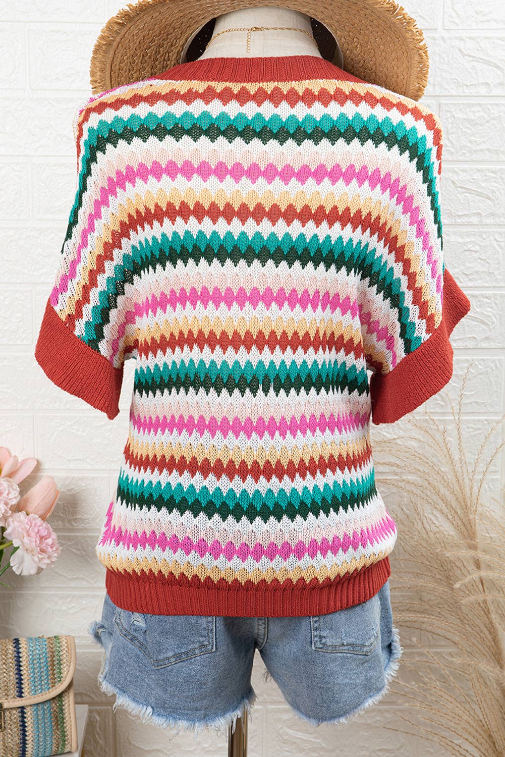 Fashion-W Trimmed Ruffle Sleeve Colorful Textured Sweater