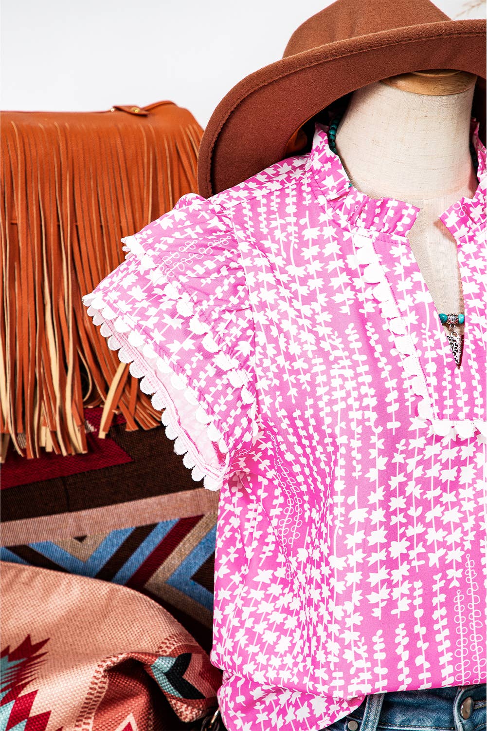 Fashion-W Abstract Ric Rac Trim Flutter Sleeve Notch Blouse