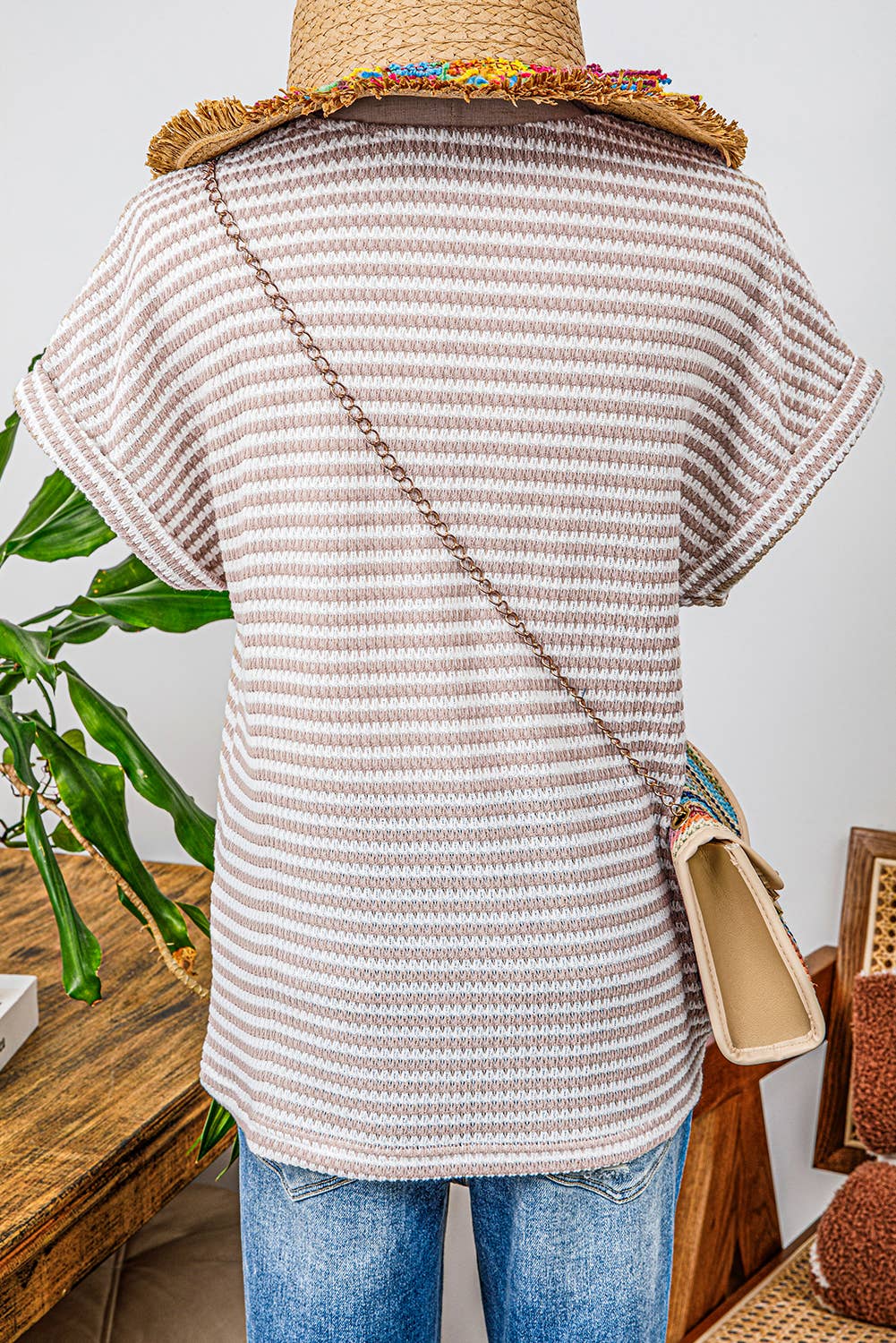 Fashion-W Stripe Buttoned Front V Neck Knitted T Shirt