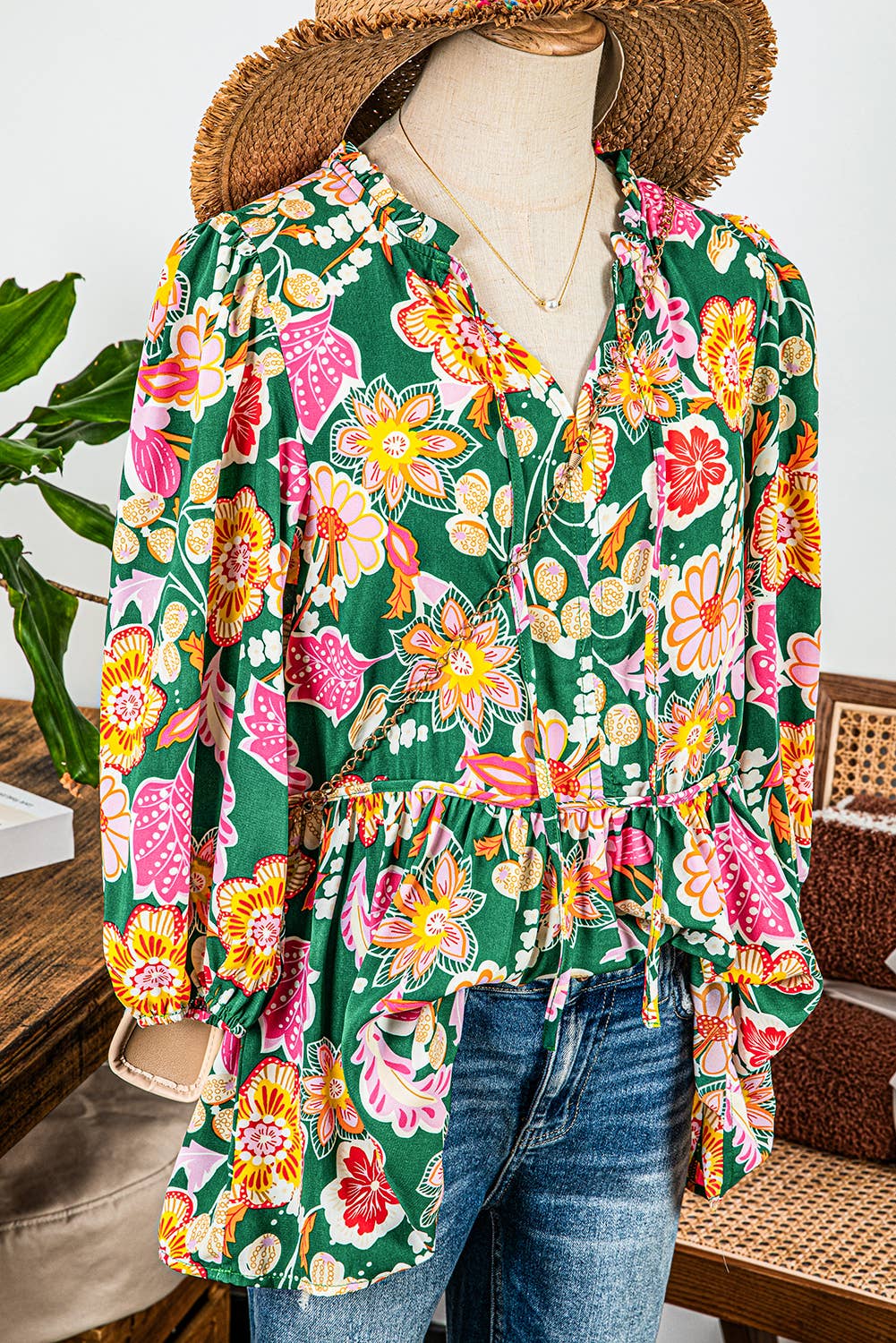 Fashion Fall Floral Puff Sleeve V Neck Peplum Blouse