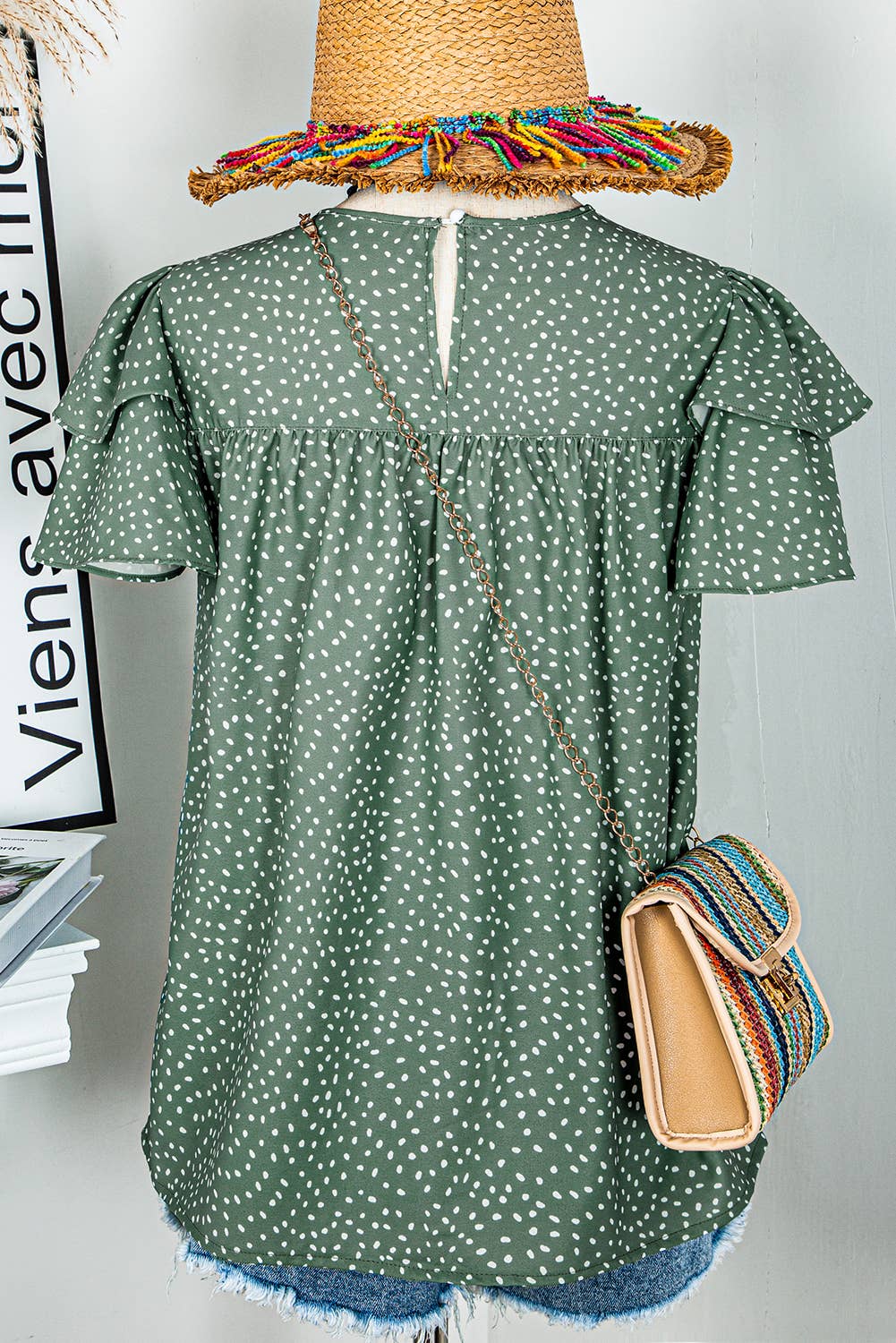 Fashion-W Dotted Ruffle Sleeve Crew Neck Ruched Blouse