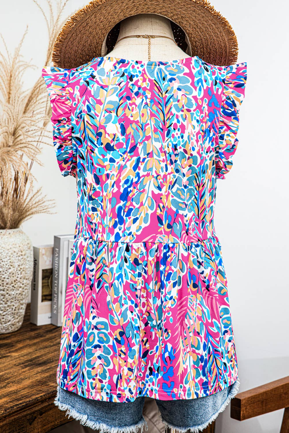 Fashion-W Boho Pattern Flounce V Neck Tank Top