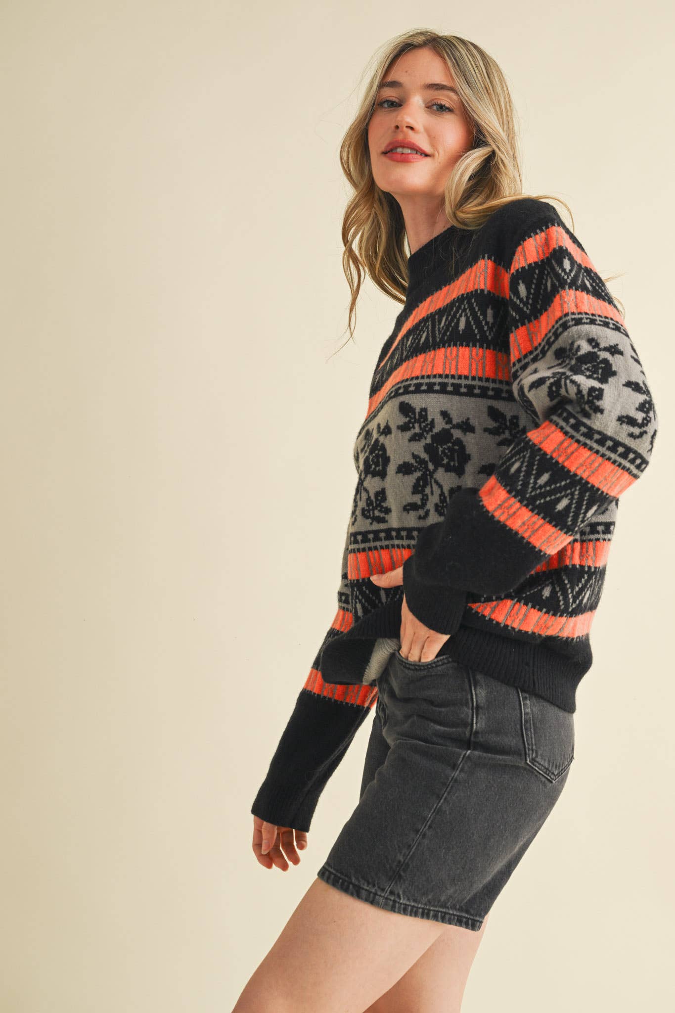 FLORAL KNIT ROUND NECK SWEATER MSW10960