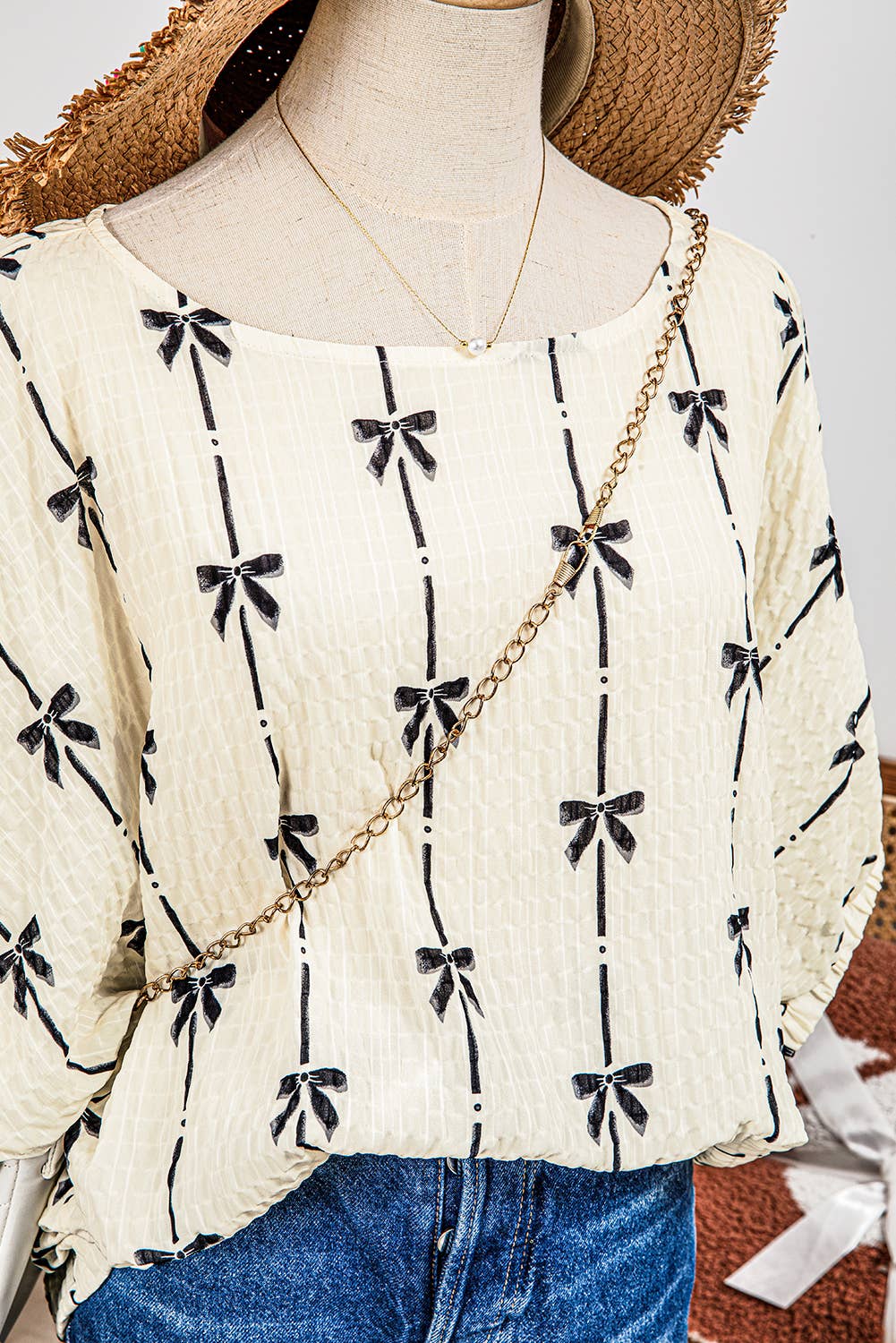 Fashion-W Bow Print Puff Short Sleeve Top