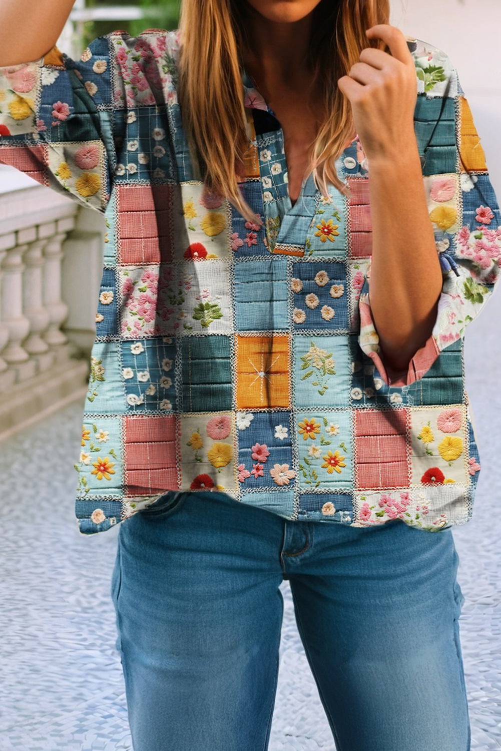 Floral Collared V Neck Roll up Sleeve Shift Blouse