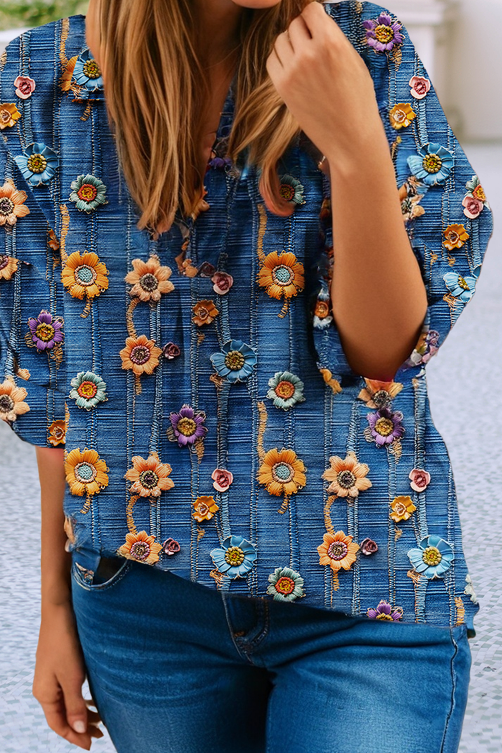 Floral Collared V Neck Roll up Sleeve Shift Blouse