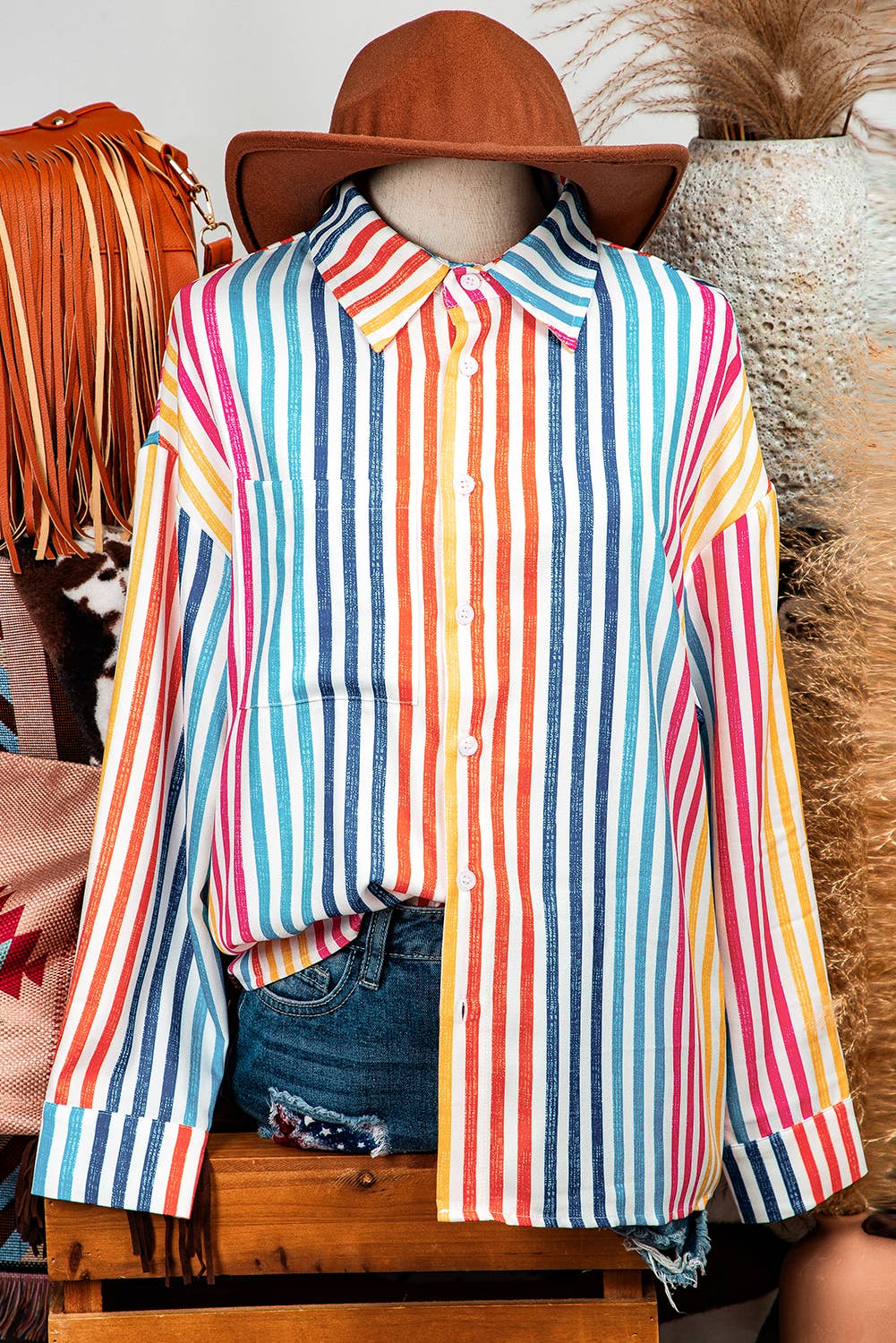 Fashion-W Stripe Multicolor Drop Shoulder Loose Shirt