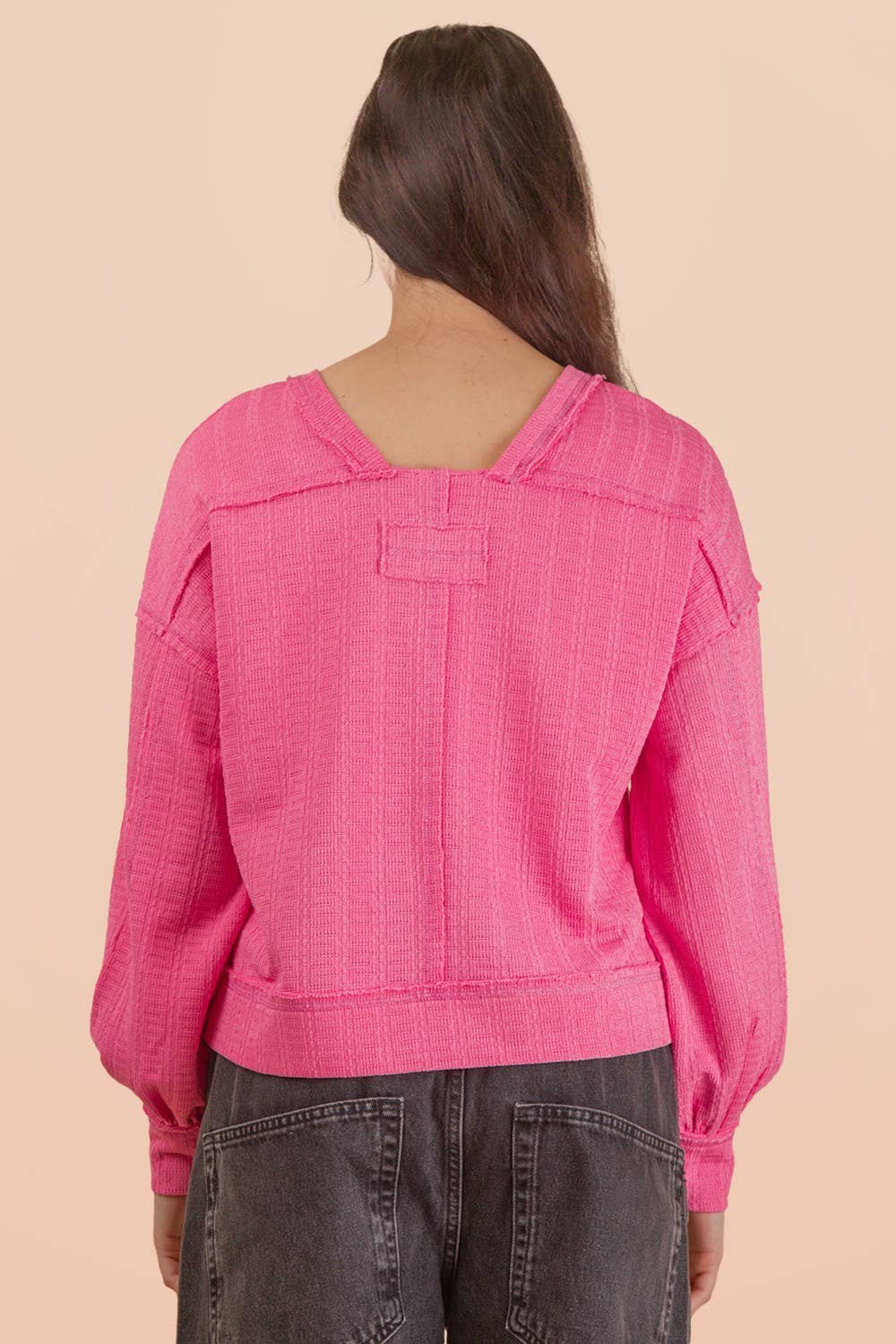 Raw Edge Detail Oversized Textured Knit Top