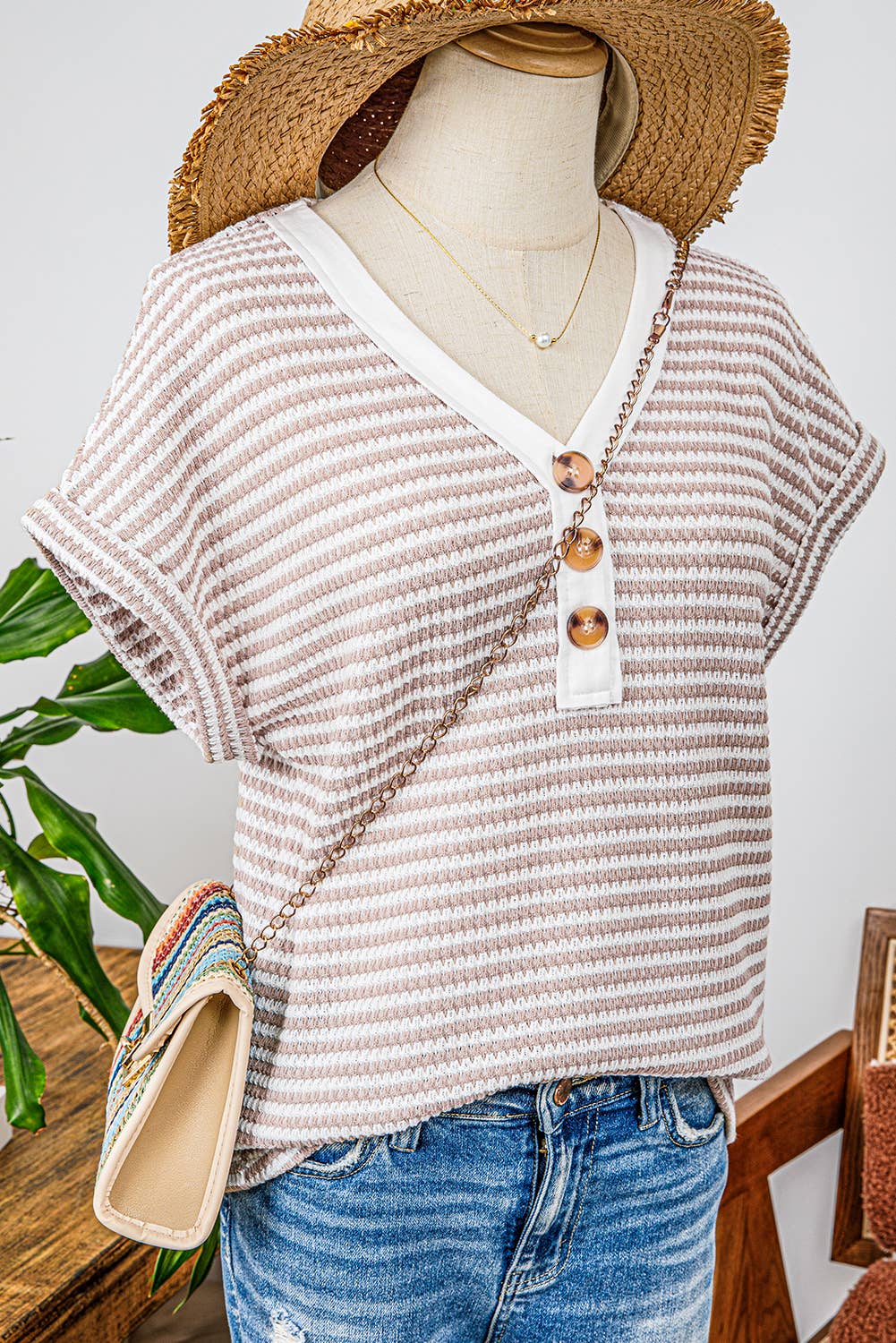 Fashion-W Stripe Buttoned Front V Neck Knitted T Shirt