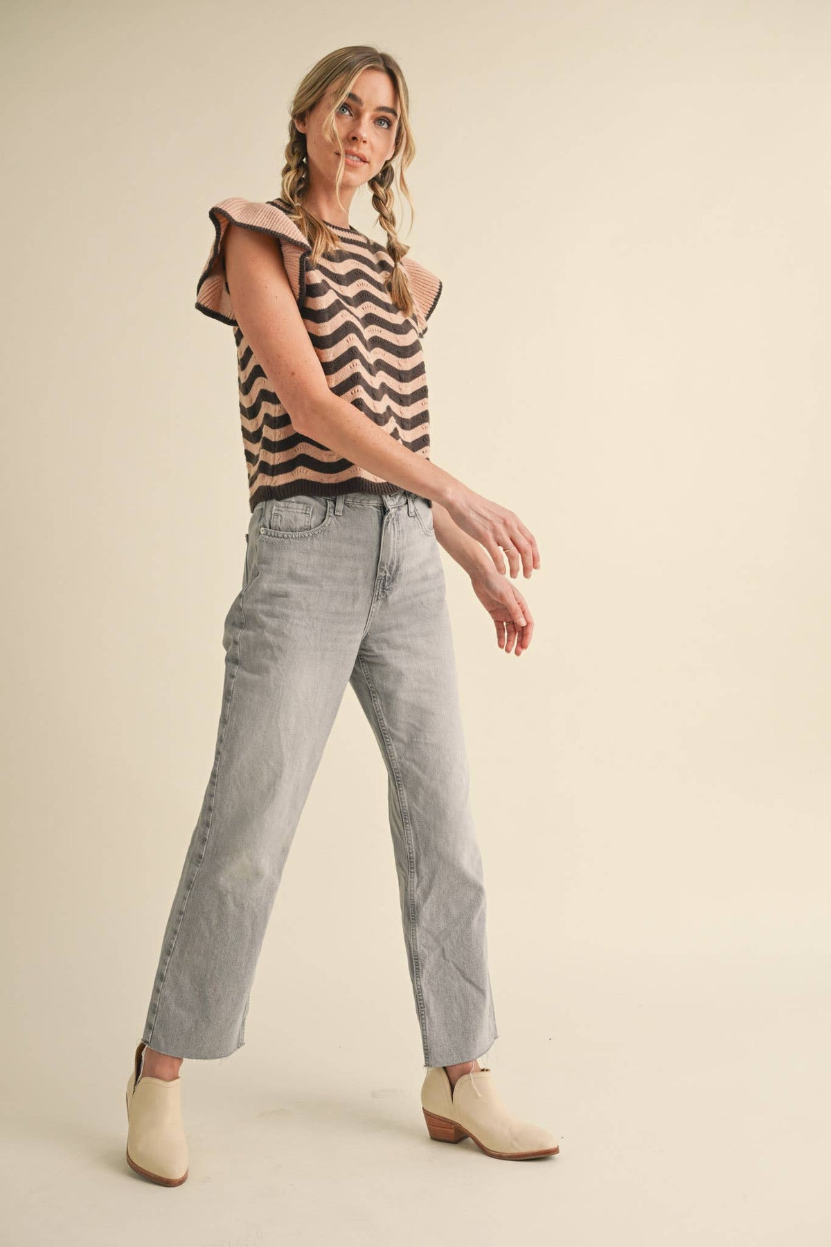 WAVY STRIPES FLUTTER SLEEVE SWEATER TOP MSW10509