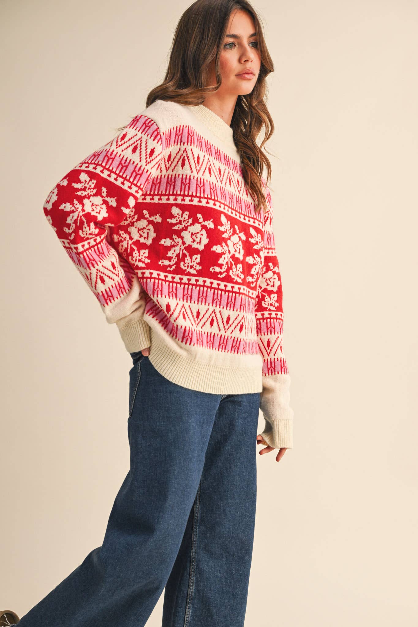 FLORAL KNIT ROUND NECK SWEATER MSW10960