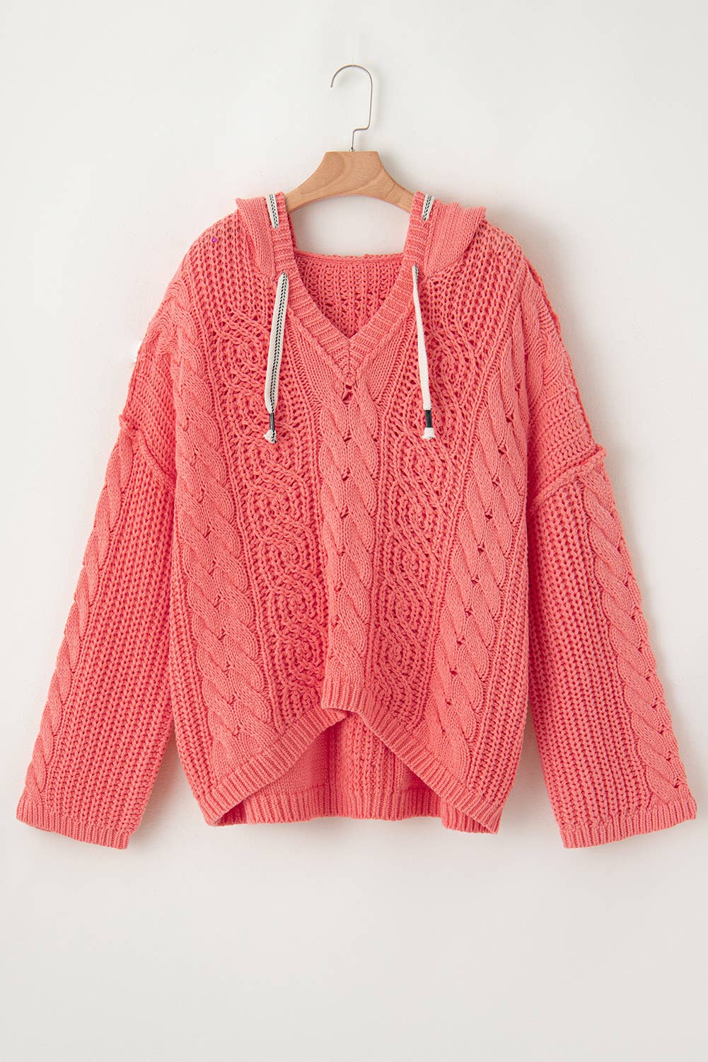 Cable Knit V Neck Hooded Pullover Sweater for Women