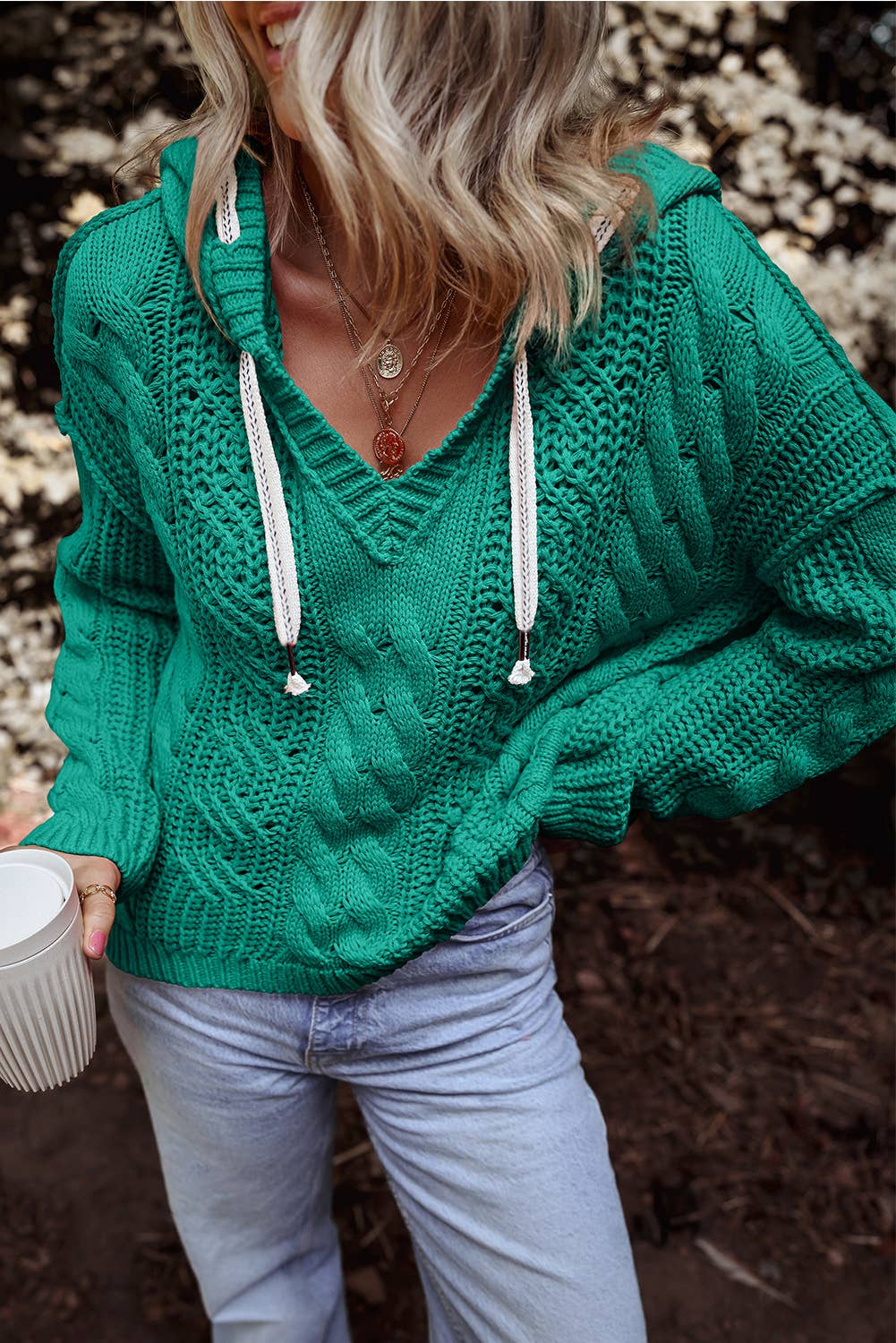 Cable Knit V Neck Hooded Pullover Sweater for Women