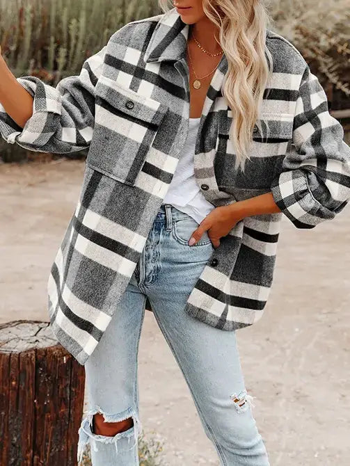 Navy Blue Plaid Button Flannel Shirt Jacket