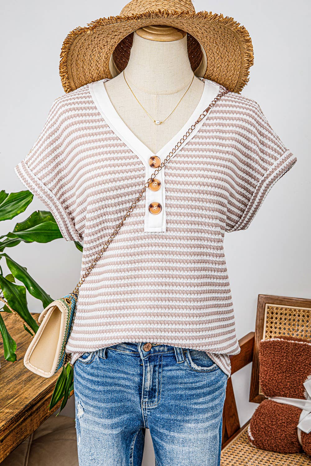 Fashion-W Stripe Buttoned Front V Neck Knitted T Shirt