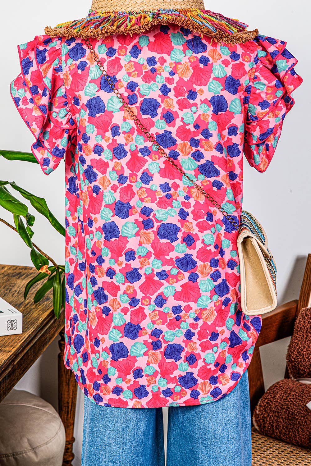 Fashion-W Abstract Print Ruffled Sleeve V Neck Blouse