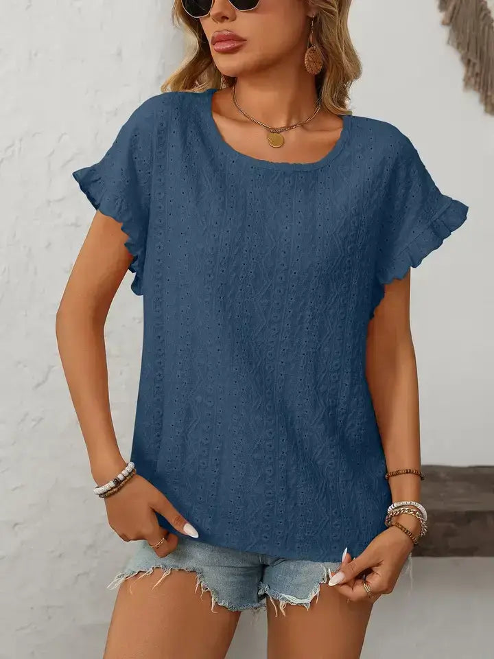 Hollow-Out Crewneck Short Sleeve Solid Color Top