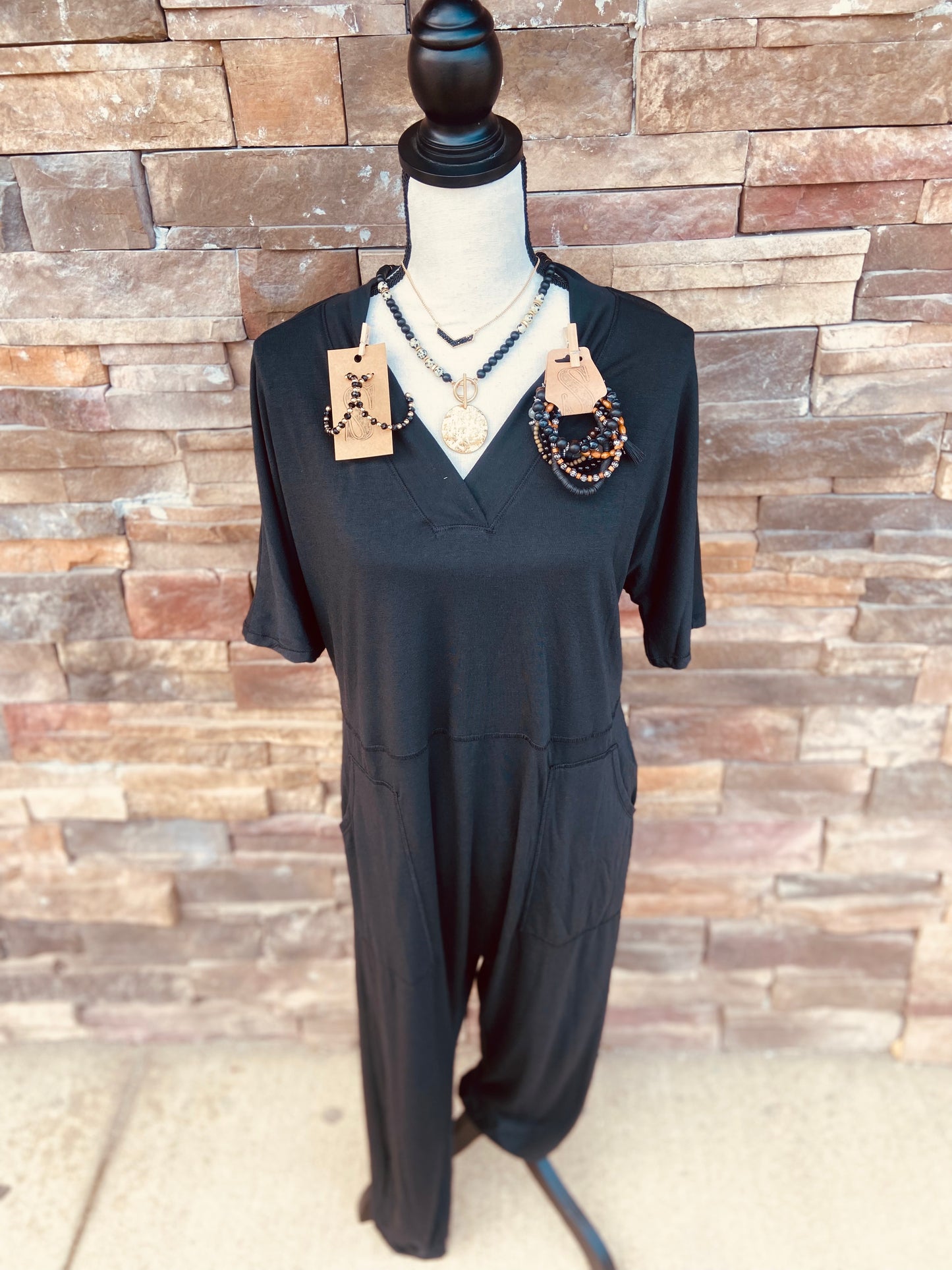 V-Neck Short Sleeve Solid Jumpsuit
