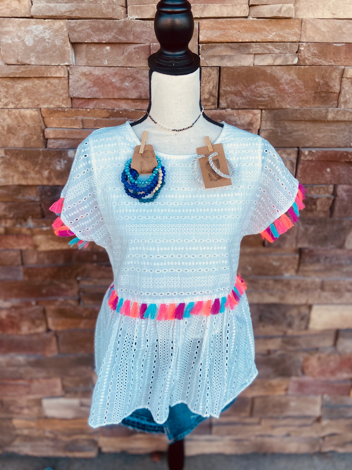 Babydoll S/S Top with Colorful Tassles