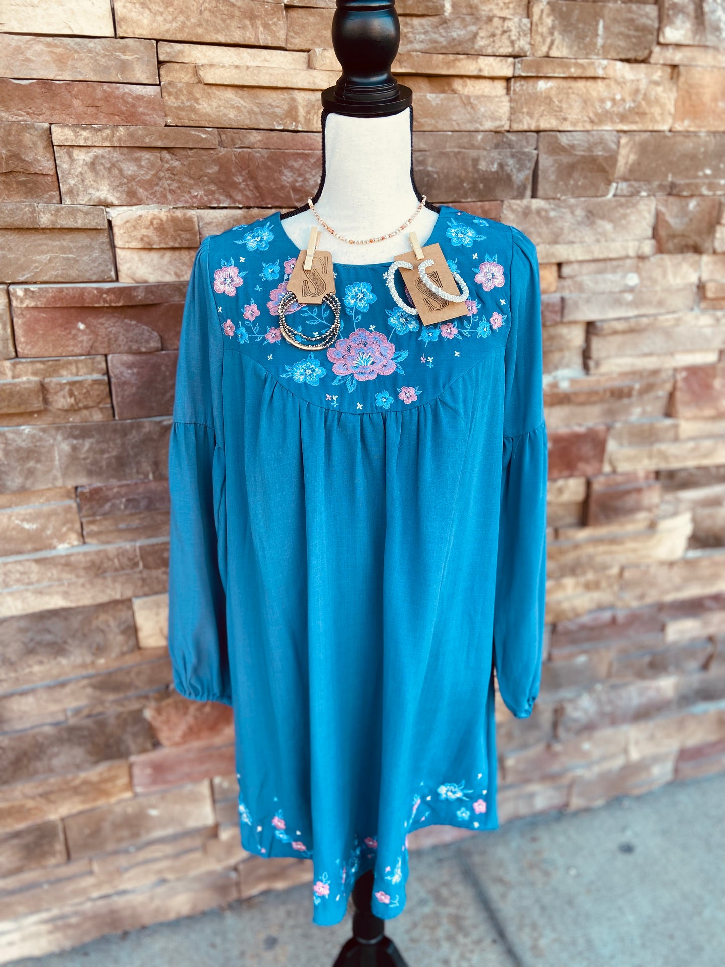 L/S Dress with Embroidered Neckline & Hem