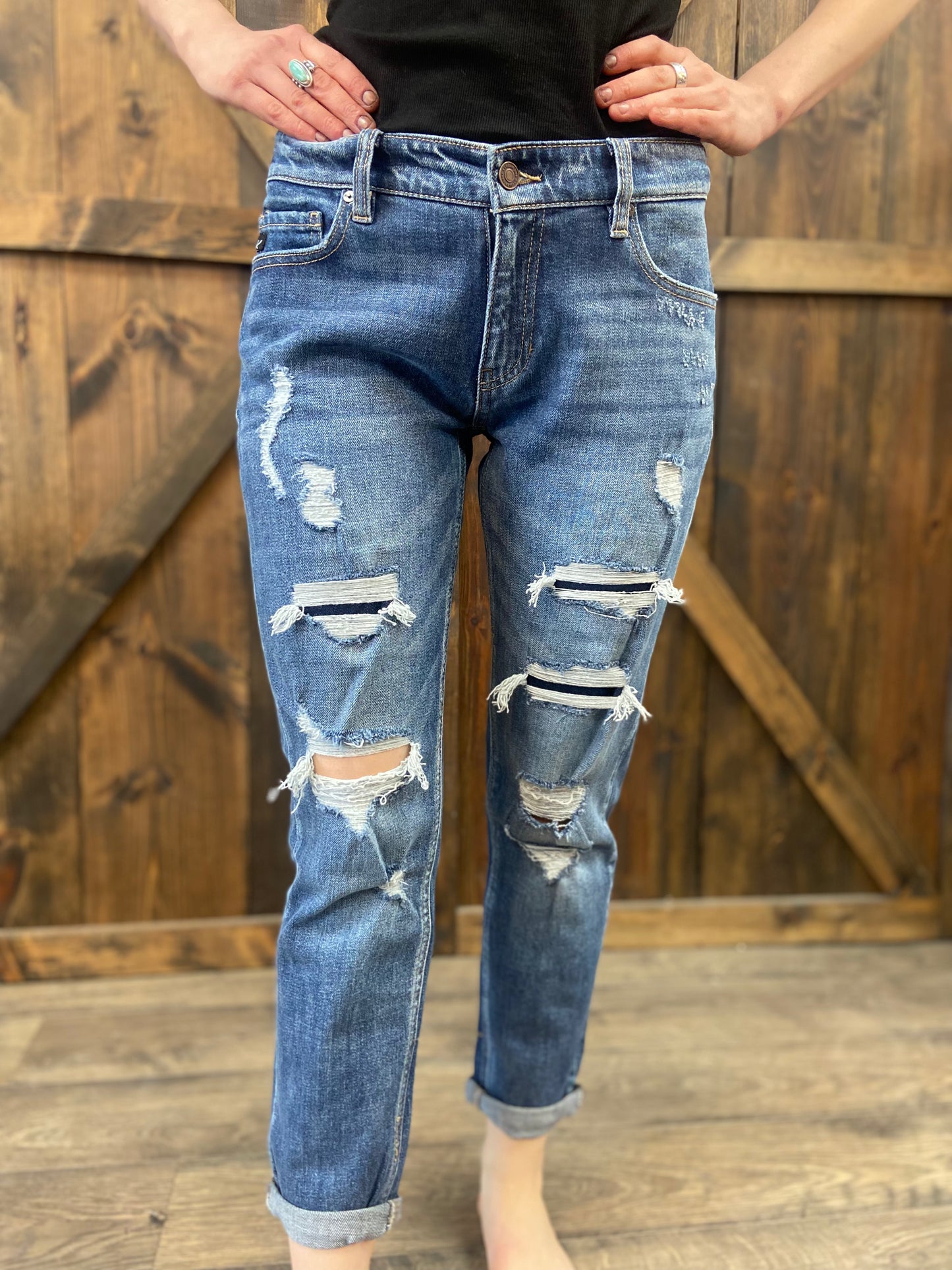 Kancan Dark Wash Mid Rise Boyfriend Jean