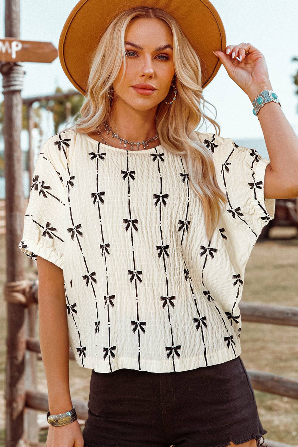 Fashion-W Bow Print Puff Short Sleeve Top