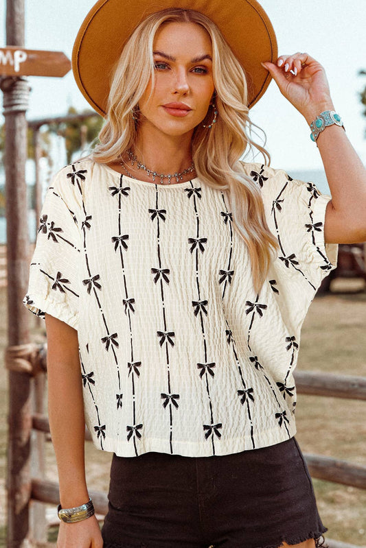 Fashion-W Bow Print Puff Short Sleeve Top