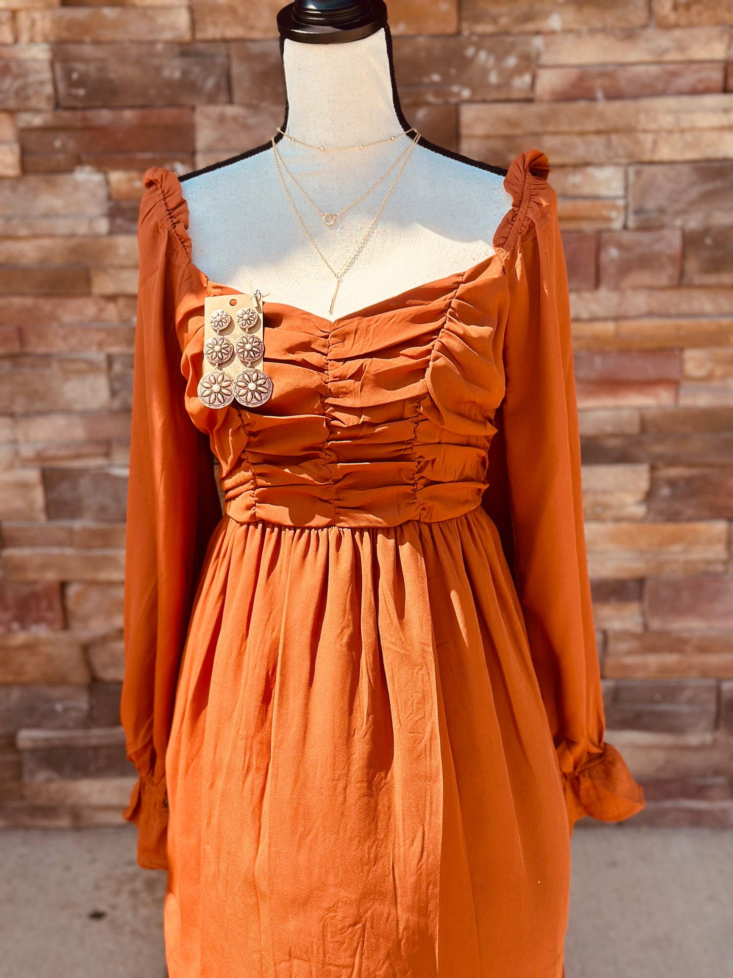 Solid Ruched Dress Rust